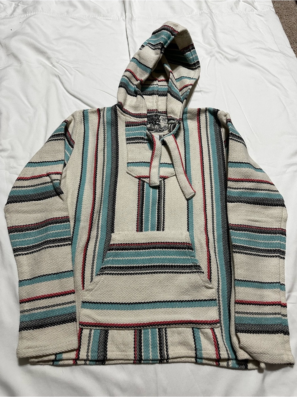 Sendra Cream, Teal, Black & Red Striped Baja Pullover Hoodie